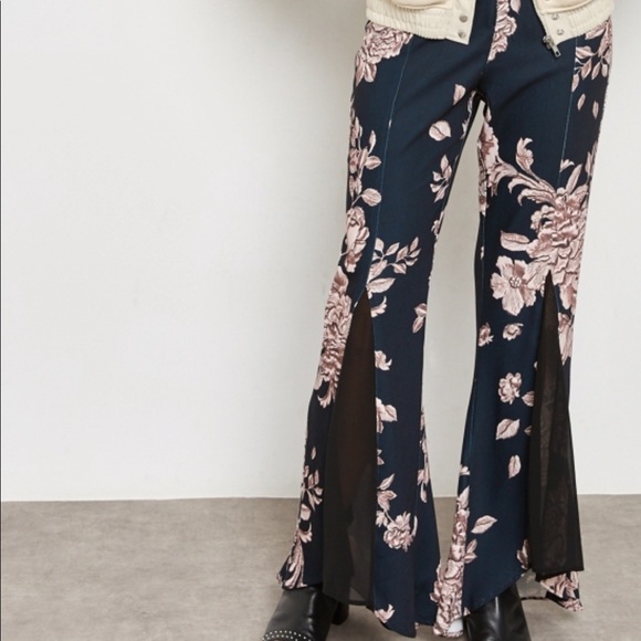 MinkPink Floral High Rise Flare Mesh Panel Pants - Picture 1 of 9